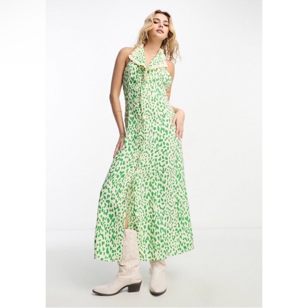 ASOS Green and Cream Leopard Halter Lace Collar Boho Maxi Dress